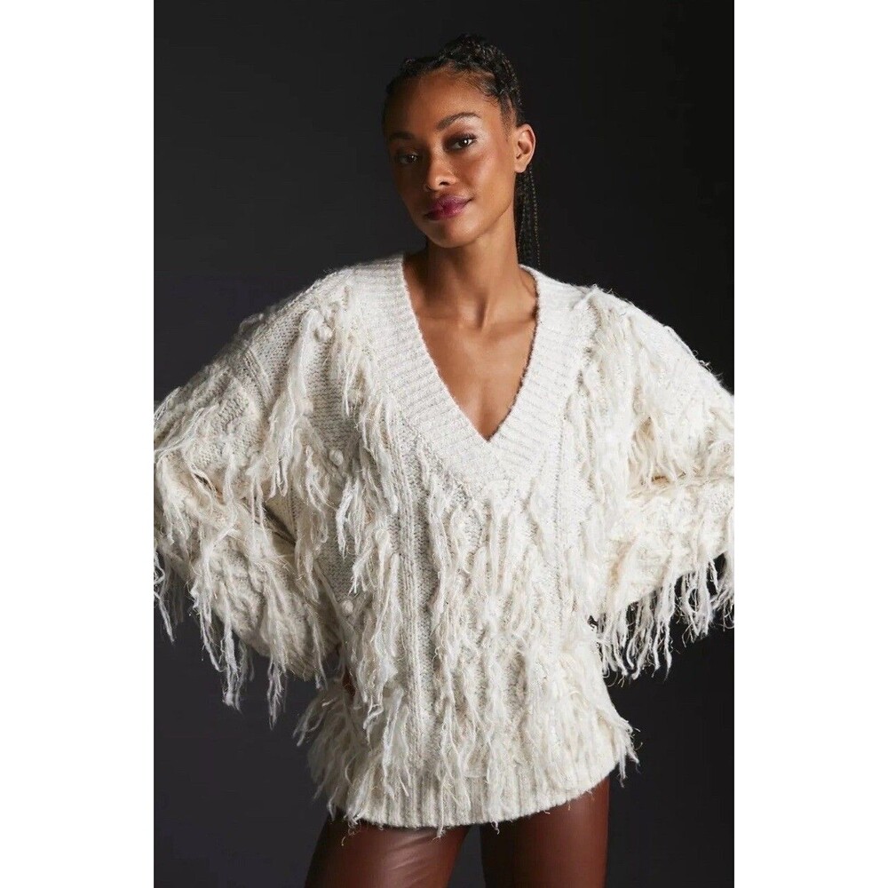 Anthropologie Sweater Ivory Fringed Pullover Oversized Preppy Boho Medium New